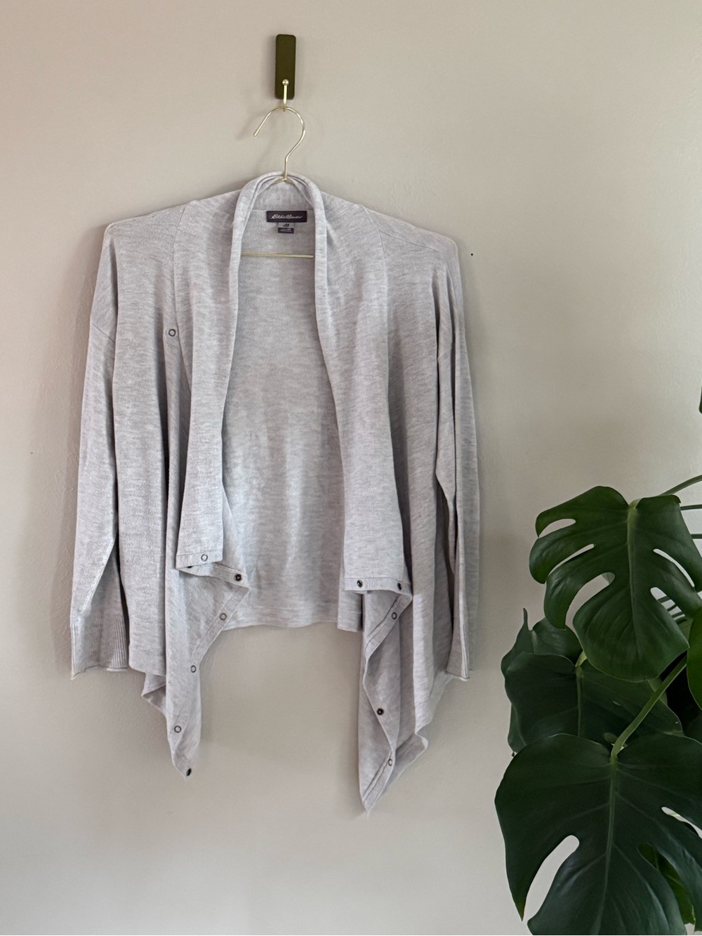 Eddie Bauer Light Gray Snap-Front Draped Cardigan